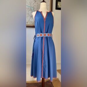 Tory Burch Savannah Embroidered Blue Dress with Belt